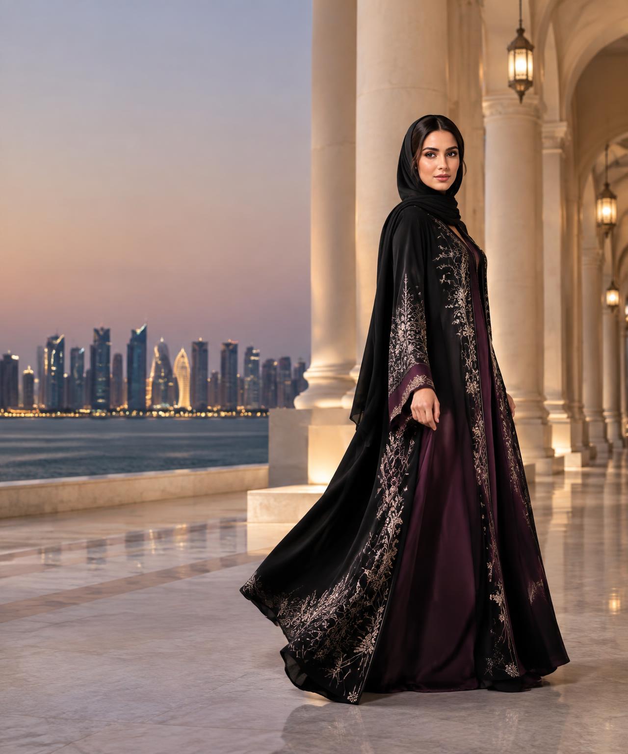Woman wearing Patrinetra's embroidered blackberry evening abaya